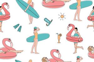 naadloos zomer patroon. meisjes met surfplanken en een opblaasbaar ring in de vorm van een roze flamingo. zomer feest. vector illustratie.