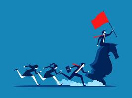 aanvallen bedrijf, leiderschap. zakenman rijden een schaak paard Holding een rood vlag vector