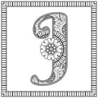 letter j gemaakt van bloemen in mehndi-stijl. kleurboek pagina. schets hand-draw vectorillustratie. vector