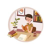 een jongen lezing een boek en genieten aan het studeren in zijn kamer geïsoleerd Aan wit achtergrond. wereld boek dag concept tekenfilm vlak vector illustratie. Internationale geletterdheid dag.