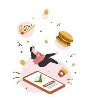een vrouw bestellen voedsel via voedsel levering app door smartphone jumping uit scherm vlak vector illustratie geïsoleerd Aan wit achtergrond. online voedsel levering onderhoud concept. levering huis en kantoor.