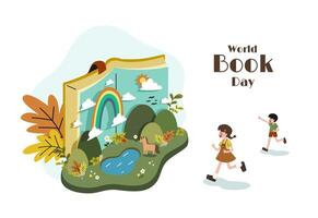 een schattig jongen en meisje rennen in een pop-up boek en genieten van naar onderzoeken een nieuw fantasie wereld binnen. wereld boek dag concept tekenfilm vlak vector illustratie. Internationale geletterdheid dag.