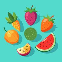 fruit pictogrammen reeks in vlak stijl. aardbei, ananas, kiwi, watermelo vector