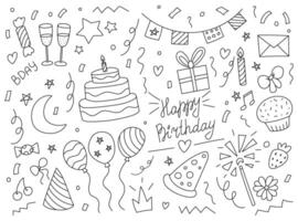 gelukkig verjaardag tekening elementen, hand- getrokken artikelen, partij decoratie, verjaardag, carnaval, feestelijk decor, taart, ballonnen, geschenk, confetti, vector illustratie