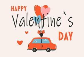 ansichtkaart sjabloon voor heilige Valentijnsdag dag, 14 februari. hand- getrokken kaarten met auto dat draagt de ballonnen, hart, tekst. vlak vector illustratie.