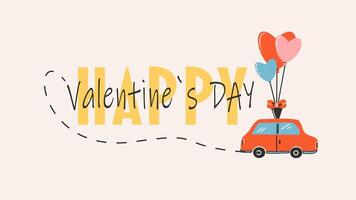 banier voor heilige Valentijnsdag dag, 14 februari. hand- getrokken kaarten met auto dat draagt de ballonnen, hart, tekst. vector