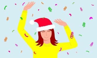 vrouw in kerstmuts dansen op confetti achtergrond. kerst of nieuwjaar viering concept vector