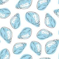 zeeschelp naadloos patroon in lijn kunst stijl met blauw kleur. onderzees achtergrond ontwerp voor textiel, pakket, vis restaurant. vector illustratie Aan een wit achtergrond.