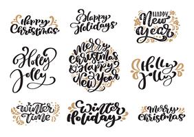 Reeks Vrolijke Kerstmis uitstekende kalligrafie die vectortekst met elementen van het de wintertekening de Skandinavische ontwerp van letters voorzien. Voor kunstontwerp, mockup-brochure, flyer voor boekjes, poster vector