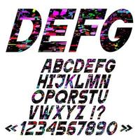 schuine heldere Alfabetletters, glitch kunststijl, vector set