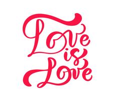 Rode kalligrafie woord Liefde is liefde. Vector Valentijnsdag Hand getrokken belettering. Hart vakantie ontwerp valentijn kaart. liefdes decor voor web, bruiloft en print. Geïsoleerde illustratie