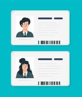 plastic identificatiekaarten van een vrouw en een man. vector. auto rijbewijs geïsoleerd op een blauwe achtergrond. platte cartoonstijl. student, bedrijfspas. vector