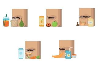 lunch voor de week voor schoolkinderen, papieren lunchtas, schoollunch voor kinderen. vector illustratie