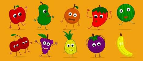 set van schattige fruitkarakters met verschillende poses en emoties vector