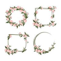 pioenrozen krans set. rond en vierkant frame, schattige roze bloemen en bladeren. feestelijke decoraties voor bruiloft, vakantie, ansichtkaart, poster en design. platte vectorillustratie vector