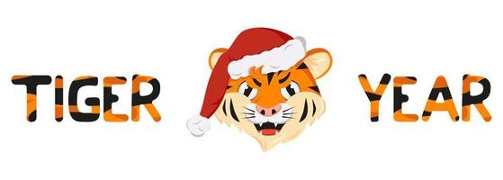 boze tijger, symbool van het nieuwe jaar in de rode kerstmuts. wilde dieren van Afrika, gezicht met woedende emotie, vakantiedecoratie met oranje gestreepte letters vector