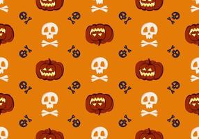 helder naadloos patroon met pompoenen, schedels en gekruiste knekels op oranje achtergrond. modeprint voor kinderfeest, vakantie, halloween, textiel en design vector