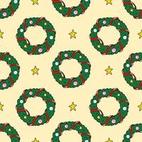 schattig naadloos patroon met groene kerstkrans vakantiedecoratie, slinger en sterren vector