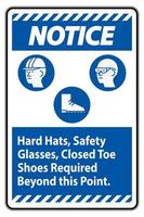 waarschuwingsbord veiligheidshelmen, veiligheidsbrillen, schoenen met gesloten neus vereist voorbij dit punt vector