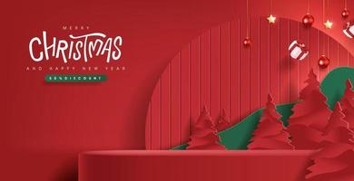 vrolijke kerstbanner met productweergave en feestelijke decoratie rode achtergrond vector