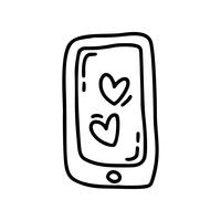 Monoline schattige telefoon met hart. Vector Valentijnsdag Hand getrokken pictogram. Vakantie schets doodle Ontwerp element valentijn. liefdes decor voor web, bruiloft en print. Geïsoleerde illustratie
