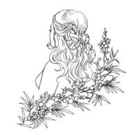vector grafiek lijn tekening van een jong vrouw met bloemen