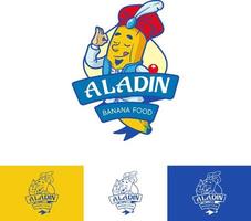 aladin banaan voedsel logo, verse gele sticker vector pictogram illustratie, fruit concept geïsoleerd, platte omtrek cartoon stijl voor chips stok cake brood