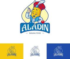 aladin banaan voedsel logo, verse gele sticker vector pictogram illustratie, fruit concept geïsoleerd, platte omtrek cartoon stijl voor chips stok cake brood 2