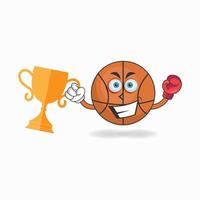 het karakter van de basketbalmascotte wint een bokstrofee. vector illustratie