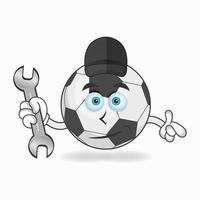 het karakter van de voetbalmascotte wordt een monteur. vector illustratie