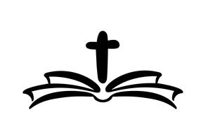 Vectorillustratie van christelijk logo. Embleem met Kruis en Heilige Bijbel. Religieuze gemeenschap. Ontwerpelement voor poster, logo, badge, teken vector