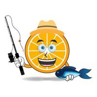 het oranje mascottekarakter is aan het vissen. vector illustratie