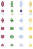 een set van verschillende tabletten in een vlakke stijl, geïsoleerd op een witte achtergrond. pillen en medicijnen, capsules voorgeschreven door een arts. vector
