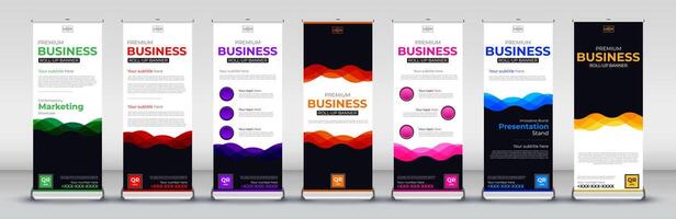 abstract bedrijf rollen omhoog banier ontwerp voor bedrijf evenementen, jaar- vergaderingen, presentaties, marketing, promoties in blauw, rood, groente, geel, Purper, roze, oranje vector