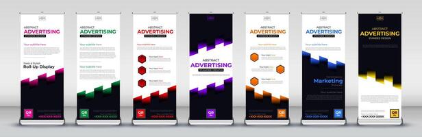 bedrijf rollen omhoog banier ontwerp voor bedrijf evenementen, jaar- vergaderingen, presentaties, marketing, promoties, met rood, blauw, groente, oranje, geel, roze en Purper afdrukken klaar kleuren vector