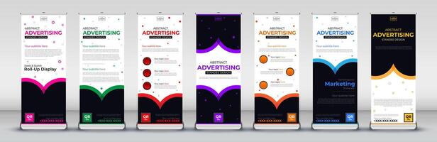 bedrijf rollen omhoog banier ontwerp voor bedrijf evenementen, jaar- vergaderingen, presentaties, marketing, promoties, met rood, blauw, groente, oranje, geel, roze en Purper afdrukken klaar kleuren vector