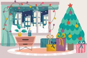 scandinavische kerst interieur met kerstboom, nachtkastje en gifts.cozy scandinavische winter, groot raam met huizen en woonkamer tapijt. vector illustratie