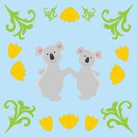 twee schattige gelukkige koala cartoon op blauwe achtergrond en bloem vector