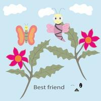 bijen- en vlinderleven in dezelfde bloem vector