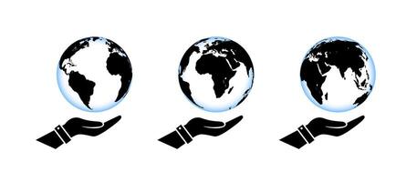 aarde wereldbol Aan handen. vector pictogrammen