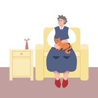 volwassen vrouw Holding kat en zittend Aan fauteuil. ouderen, senior menselijk uitgeven tijd Bij huis vector