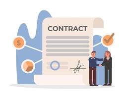 Mens en vrouw gemaakt overeenkomst. bedrijf concept, geslaagd contract ondertekenen, samenspel vooruitgang vector