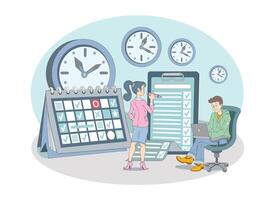 tijd beheer illustratie met dame werken in kantoor, organiserende schema plan vector
