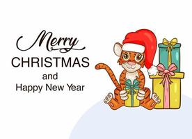 schattige cartoon tijger in kerstmuts. symbool van het jaar volgens de chinese kalender. kerstkaart, poster, spandoek. vector illustratie