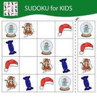 sudoku-spel voor kinderen met foto's. vrolijk kerstfeest en een gelukkig nieuwjaar. de tijger is een symbool van het Chinese nieuwe jaar met kerstelementen. vector. vector