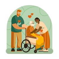 verpleegsters staand in de buurt Mens Aan rolstoel en zorgzaam. vrijwillig gemeenschap bijstand naar mensen vector