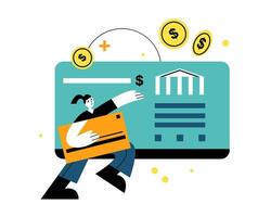 jong slim vrouw Holding credit kaart. online bank beheer concept vector