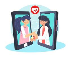dokter pratend en geven advies naar dame via smartphone. online medisch ondersteuning voor ziek mensen vector