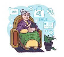 oud vrouw Holding tablet, buying producten online. online klant bestellen goederen vector