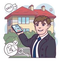 makelaar Holding smartphone en tonen nieuw huis naar klanten vector
